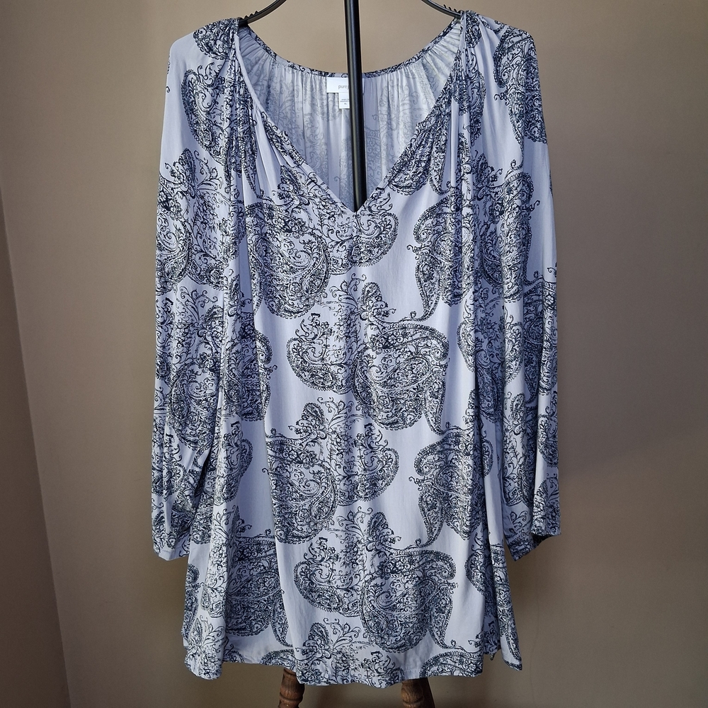 Pure J Jill Womens's Gray & Blue Paisley Tunic Shirt V Neck Blouse; Size XL